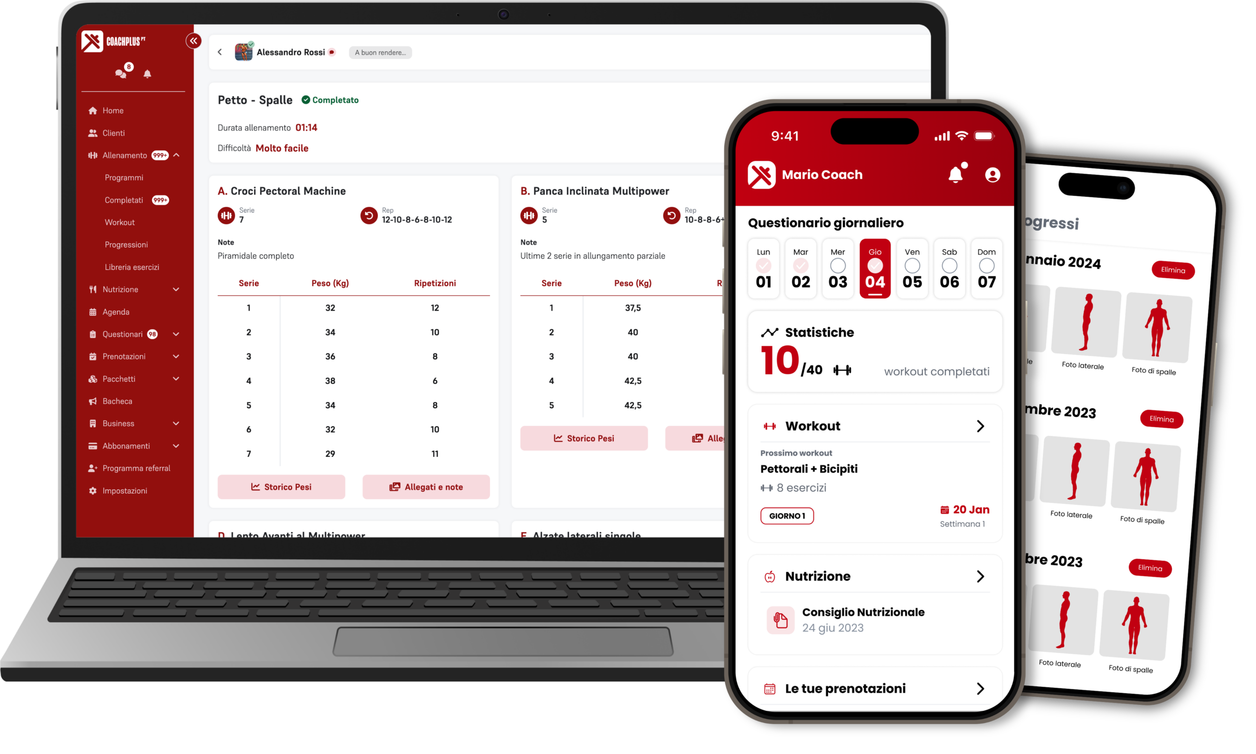 CoachPlus — dashboard su laptop e app mobile